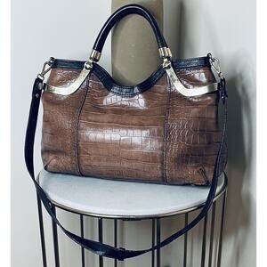 VTG Milly Brown Croc Embossed Leather Handbag Crossbody Bag Gold Accents NYC